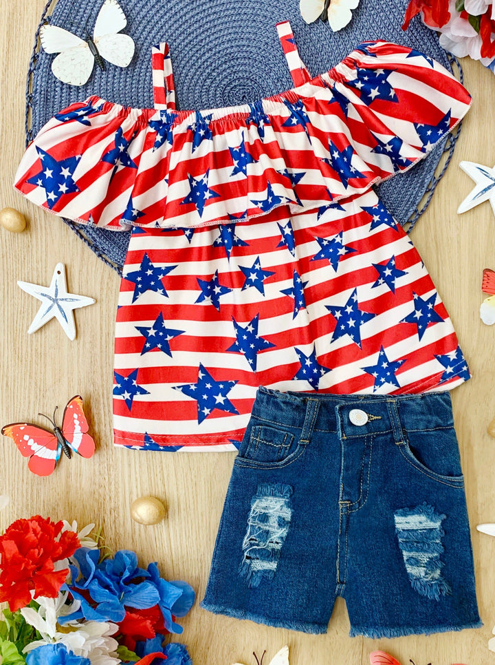 Girls Stars & Stripe Ruffle Top And Denim Shorts Set | 4th of July