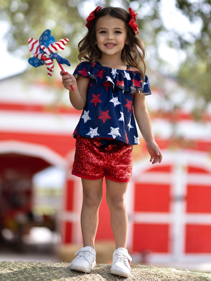 Girls Star Ruffle Bib Top And Sequin Shorts Set | 4th of July