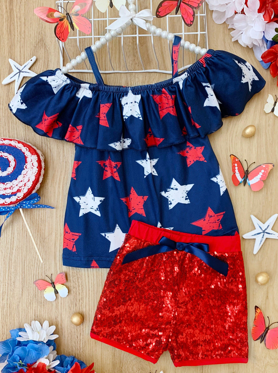 Girls Star Ruffle Bib Top And Sequin Shorts Set | 4th of July