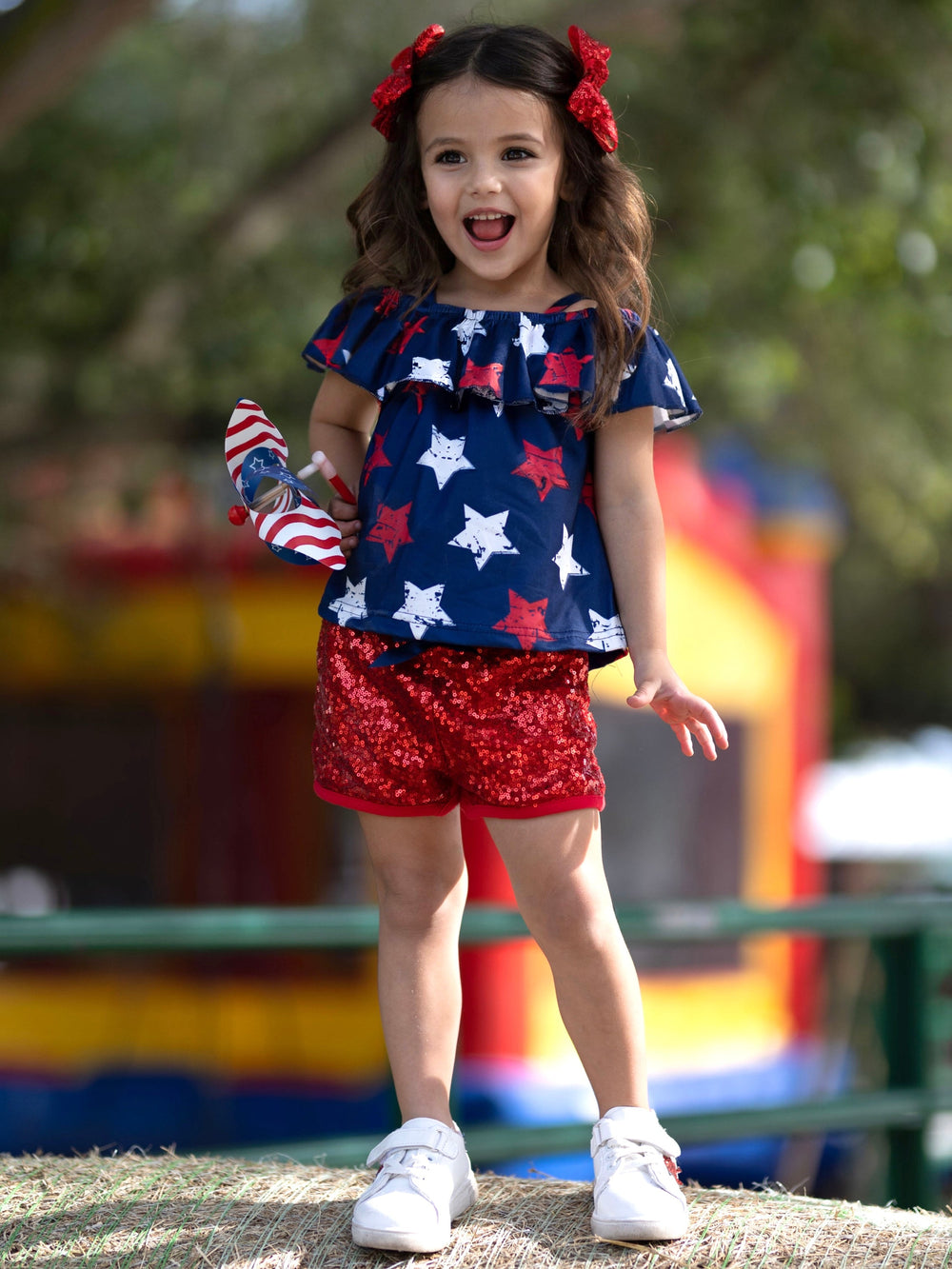 Girls Star Ruffle Bib Top And Sequin Shorts Set | 4th of July