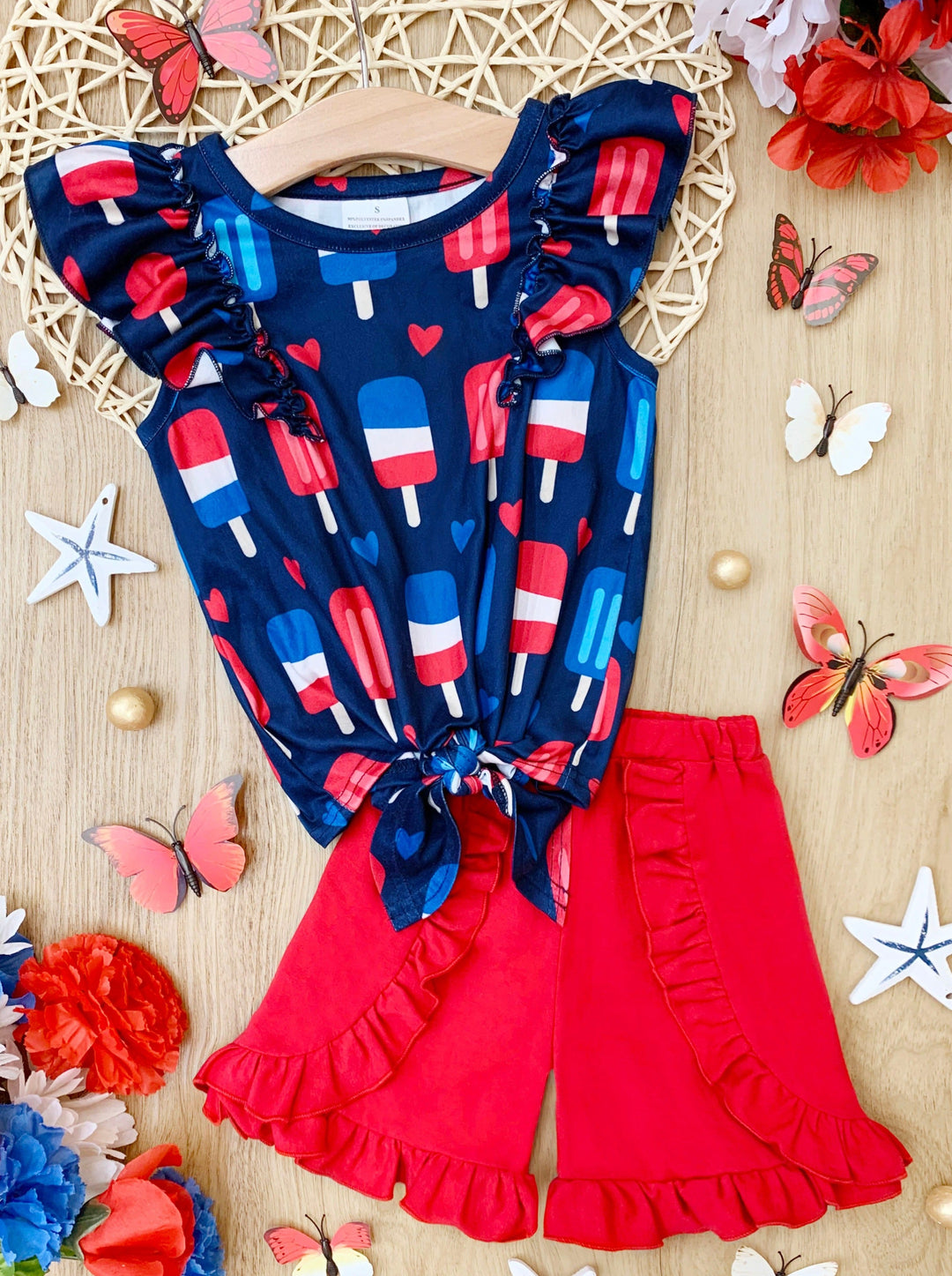 Girls Popsicle Knot Hem Top and Ruffle Shorts Set | 4th of July