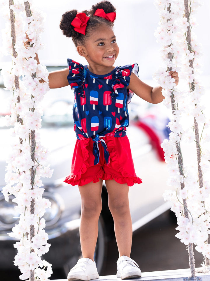 Girls Popsicle Knot Hem Top and Ruffle Shorts Set | 4th of July