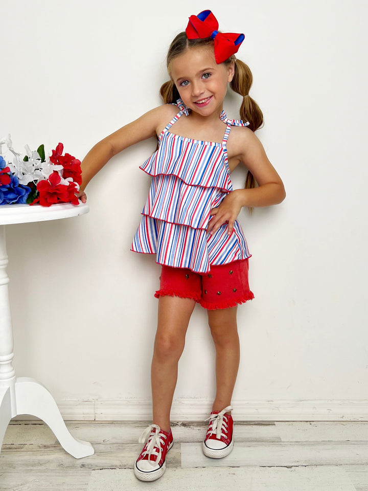 Girls Tiered Halter Top And Frayed Denim Shorts Set | 4th of July