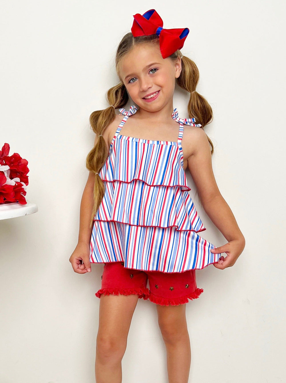 Girls Tiered Halter Top And Frayed Denim Shorts Set | 4th of July