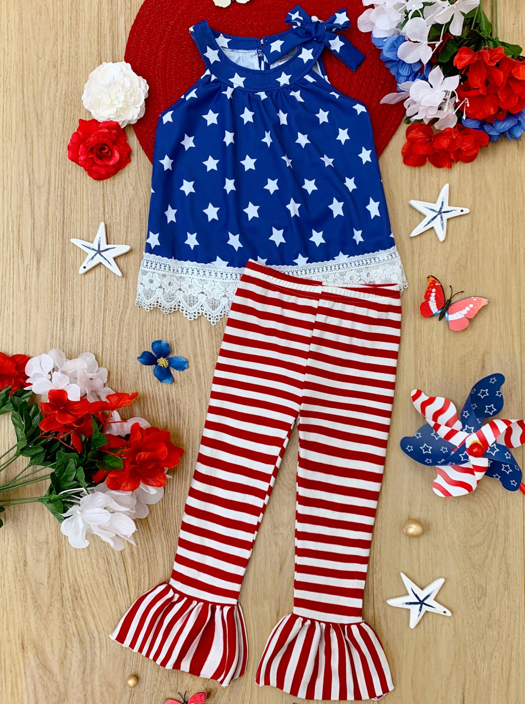 Girls 4th of July Outfits | Halter Neck Top & Bell Bottom Legging Set