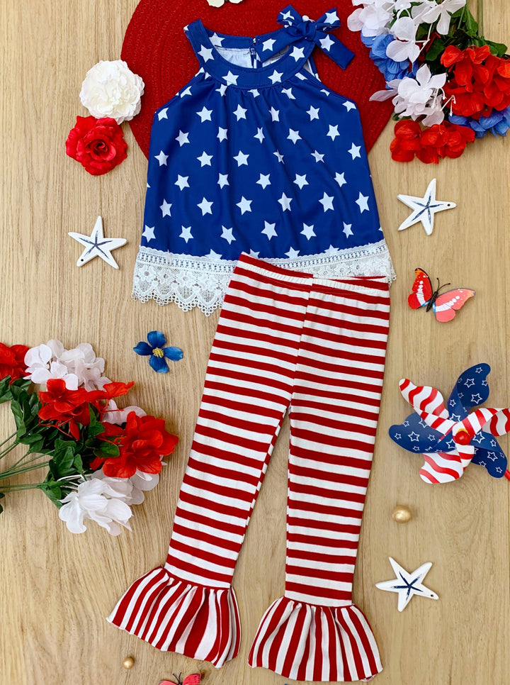 Girls 4th of July Outfits | Halter Neck Top & Bell Bottom Legging Set