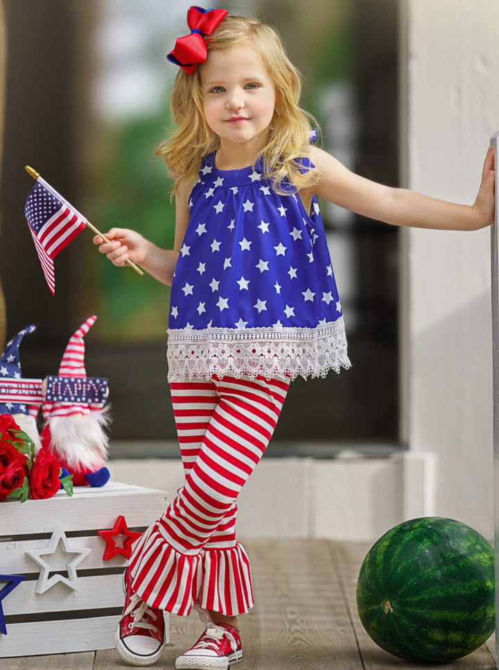 Girls 4th of July Outfits | Halter Neck Top & Bell Bottom Legging Set