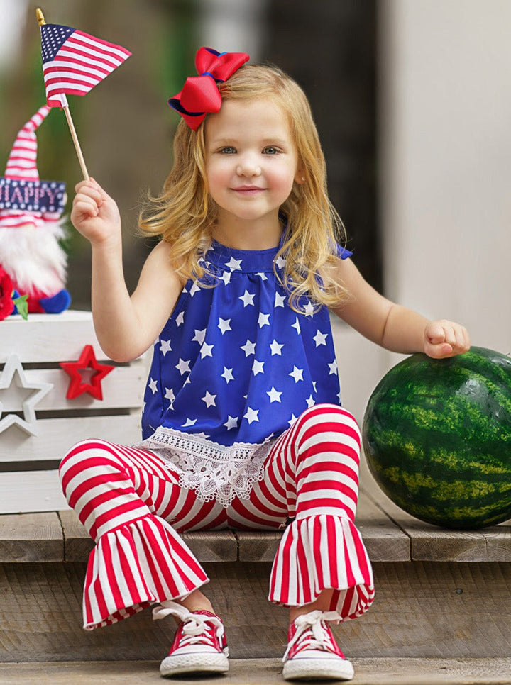 Girls 4th of July Outfits | Halter Neck Top & Bell Bottom Legging Set