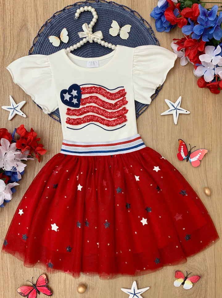 Mia Belle Girls U.S. Flag Top And Tutu Skirt Set | 4th Of July Outfits