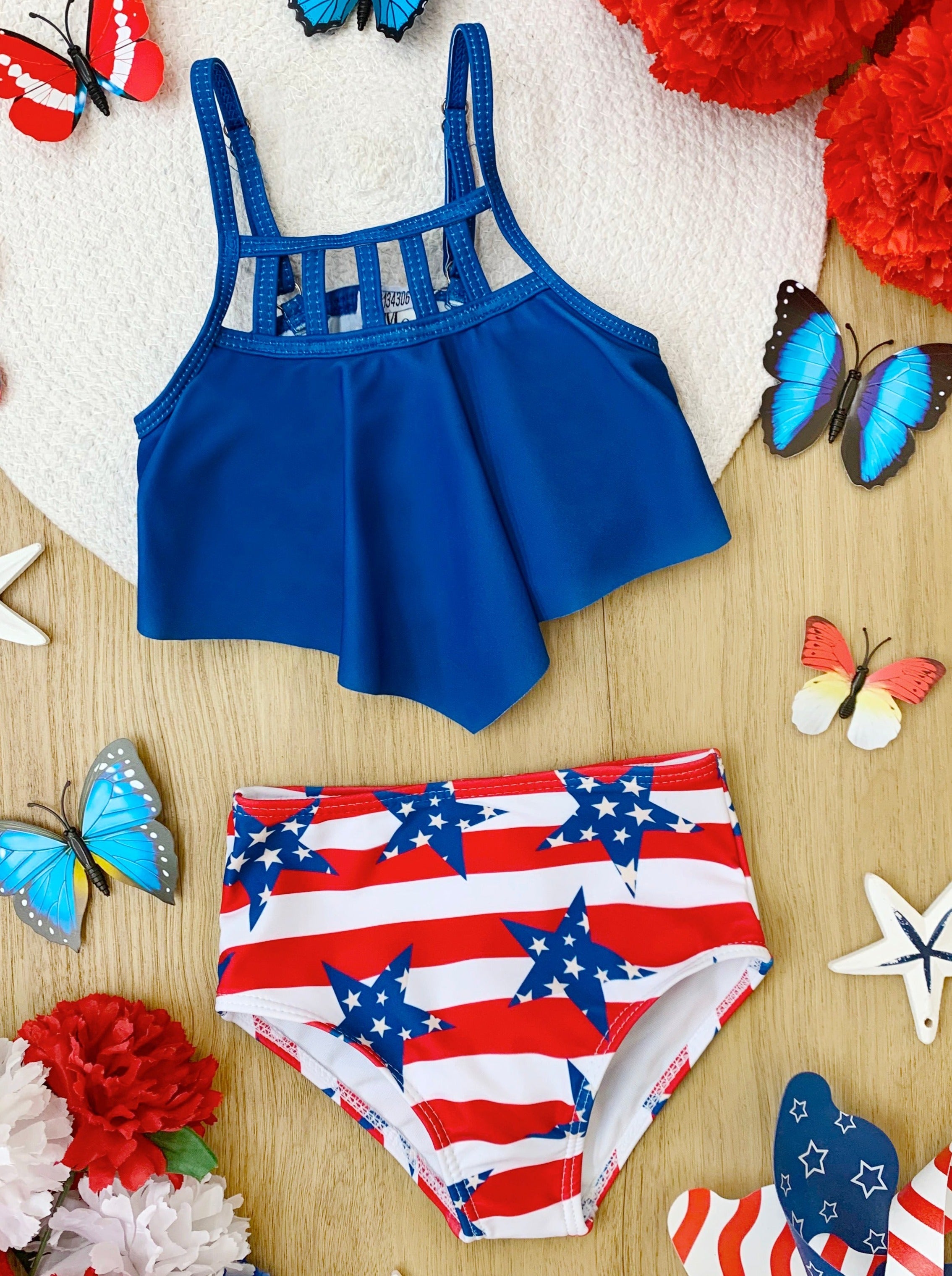 Mia Belle Girls American Flag Tankini Two Piece Swimsuit 4th of July Blue 4T