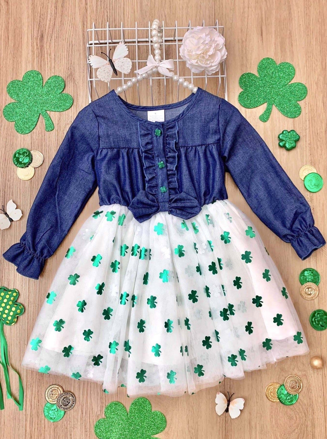 St. Patrick's Day Outfit | Girls Chambray Shimmer Clover Tutu Dress