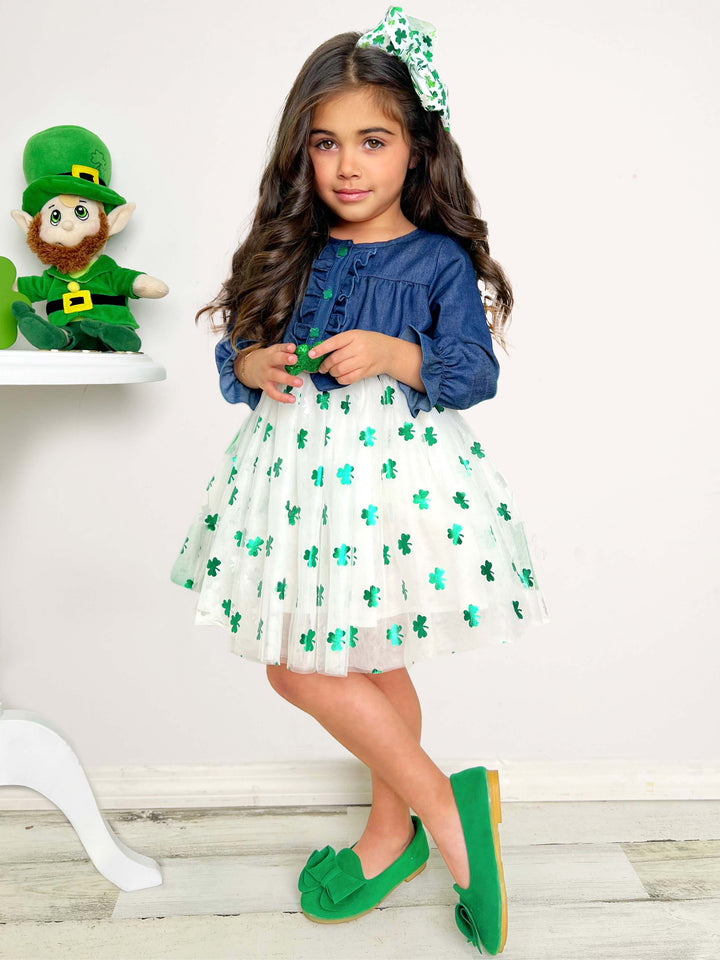 St. Patrick's Day Outfit | Girls Chambray Shimmer Clover Tutu Dress