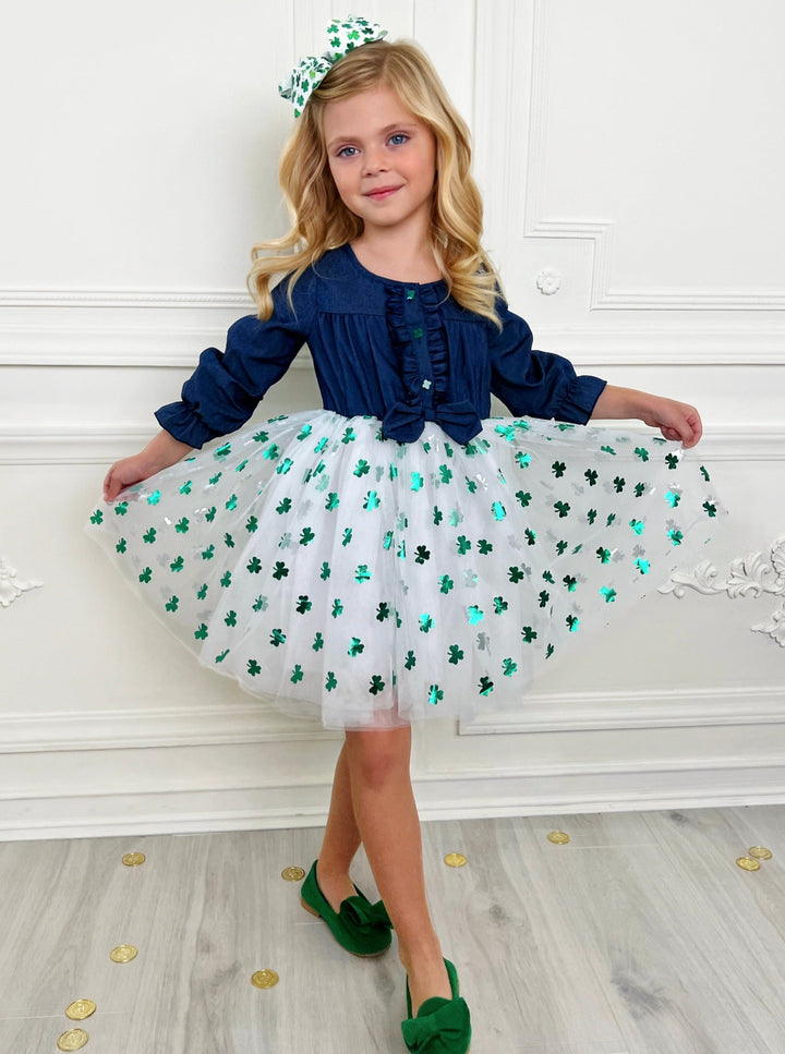 St. Patrick's Day Outfit | Girls Chambray Shimmer Clover Tutu Dress