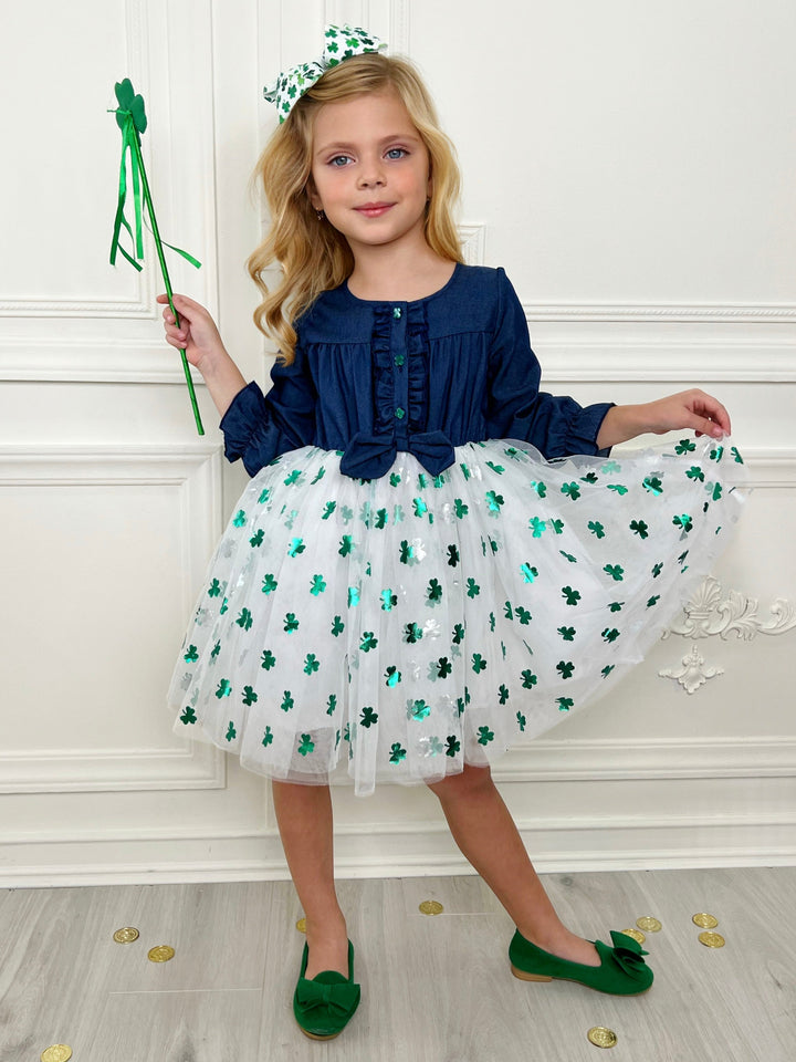 St. Patrick's Day Outfit | Girls Chambray Shimmer Clover Tutu Dress