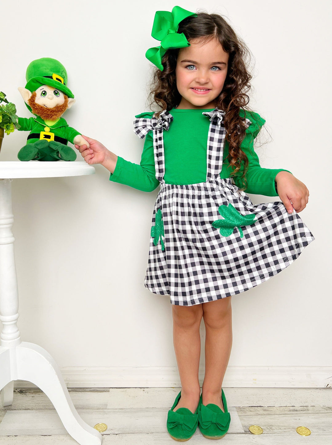 St. Patrick's Day Clothes | Girls Green Top & Plaid Overall Skirt Set