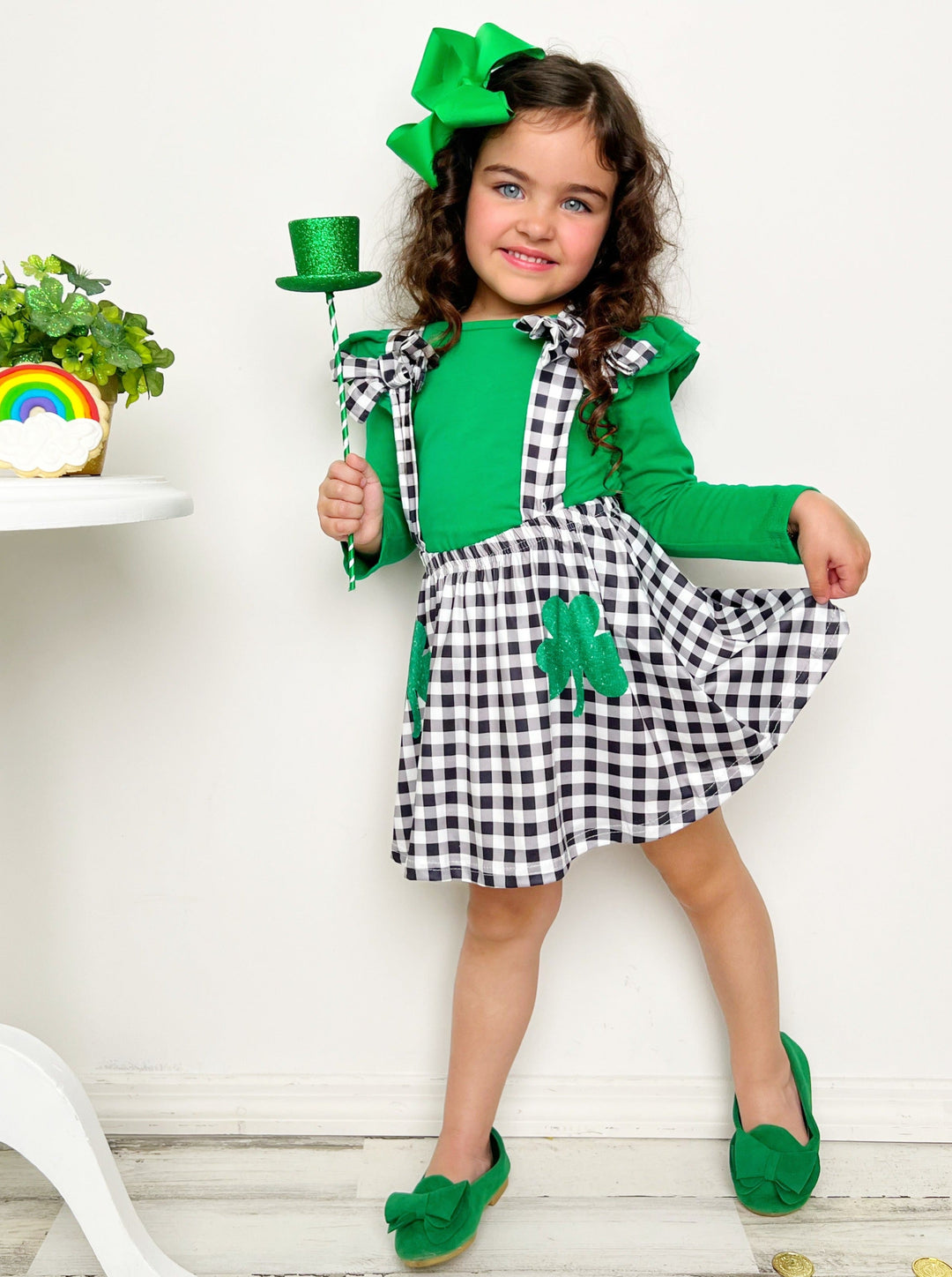 St. Patrick's Day Clothes | Girls Green Top & Plaid Overall Skirt Set