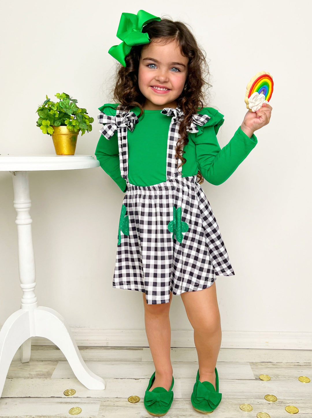 St. Patrick's Day Clothes | Girls Green Top & Plaid Overall Skirt Set