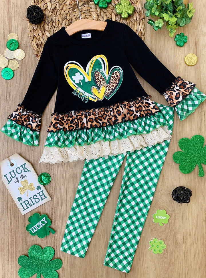 St. Patrick's Day Clothes | Leopard Plaid Peplum Top & Legging Set