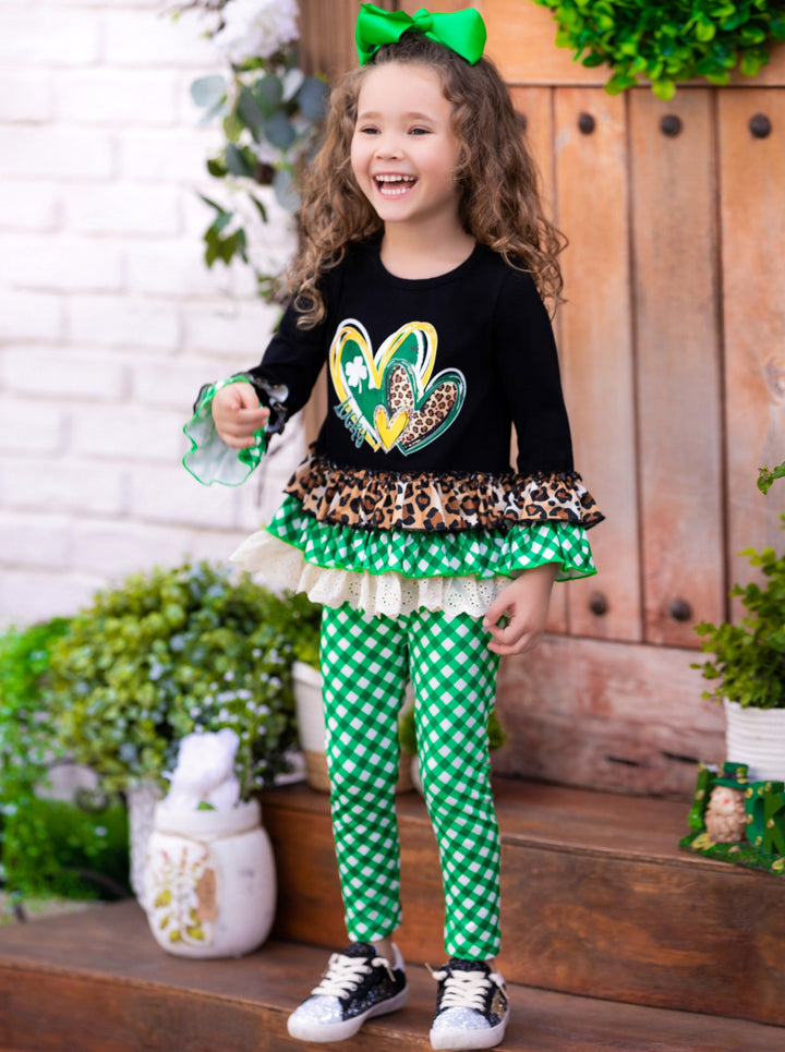 St. Patrick's Day Clothes | Leopard Plaid Peplum Top & Legging Set