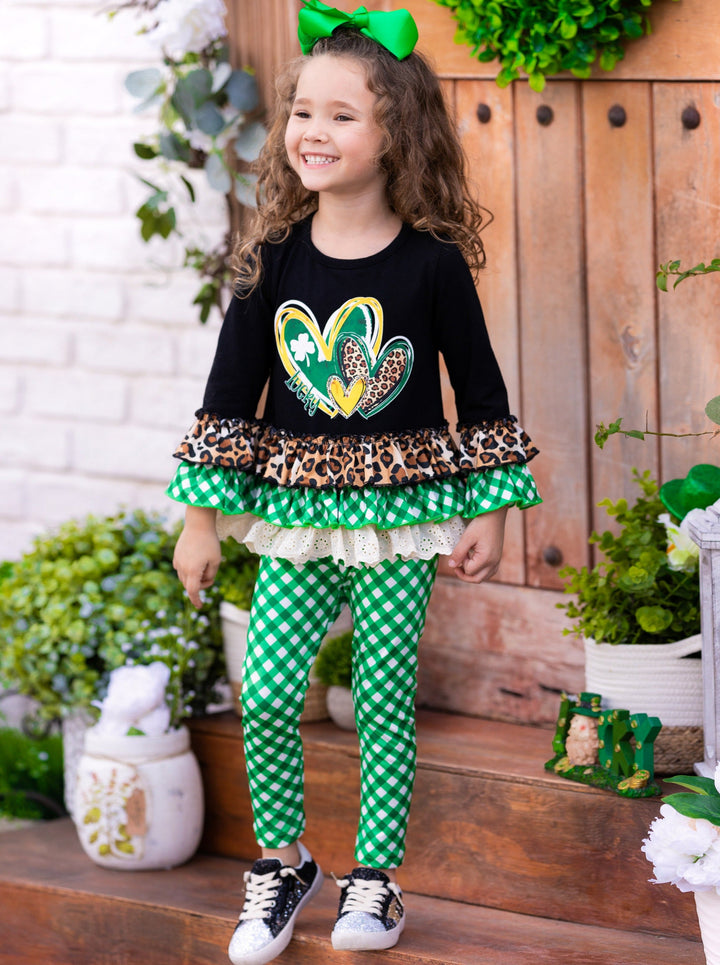 St. Patrick's Day Clothes | Leopard Plaid Peplum Top & Legging Set