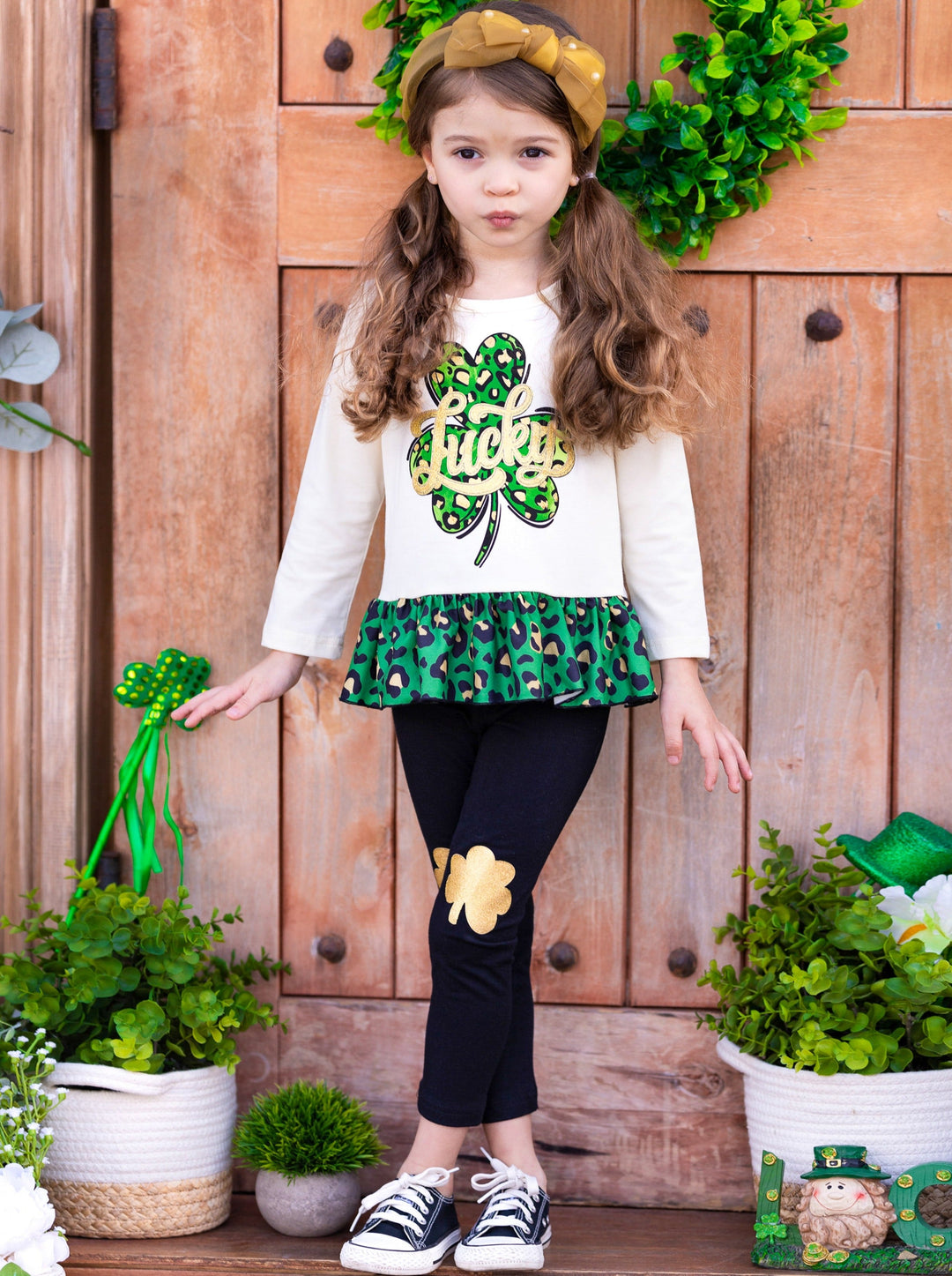 St. Patrick's Day Clothes | Clover Peplum Top & Patched Legging Set