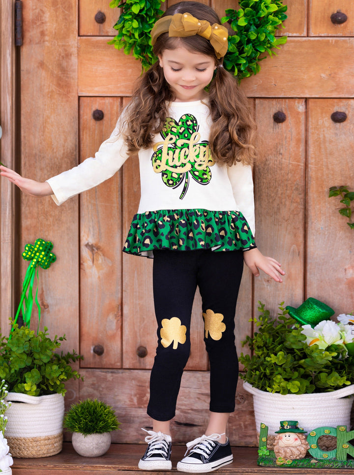 St. Patrick's Day Clothes | Clover Peplum Top & Patched Legging Set