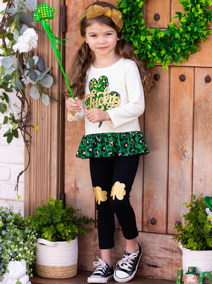 St. Patrick's Day Clothes | Clover Peplum Top & Patched Legging Set