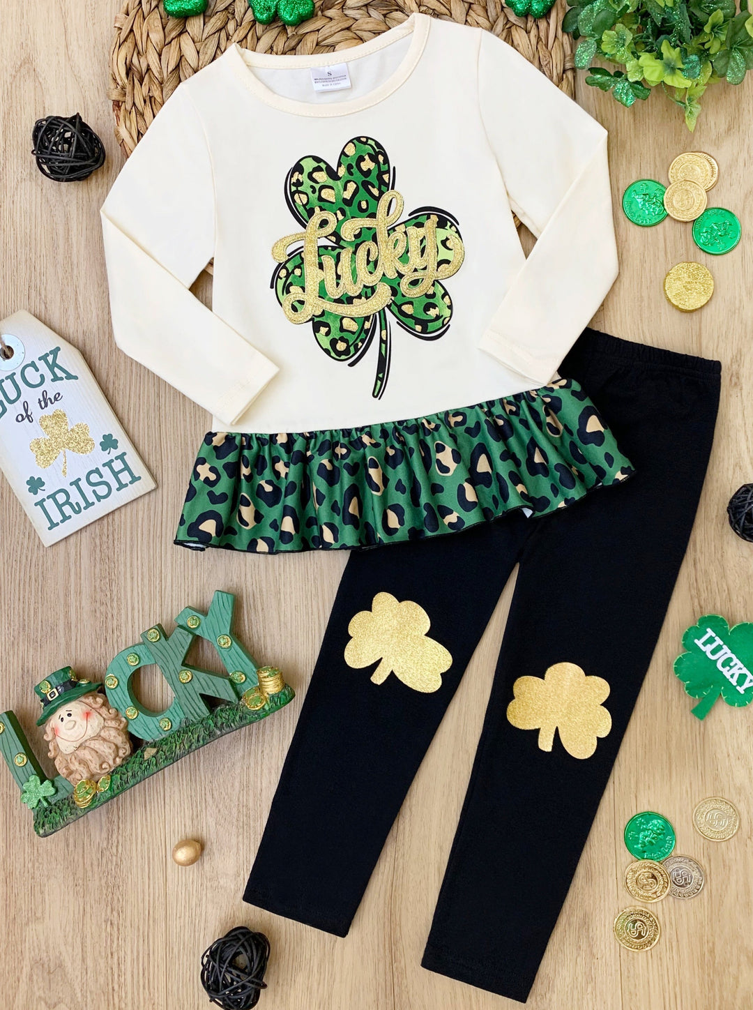 St. Patrick's Day Clothes | Clover Peplum Top & Patched Legging Set