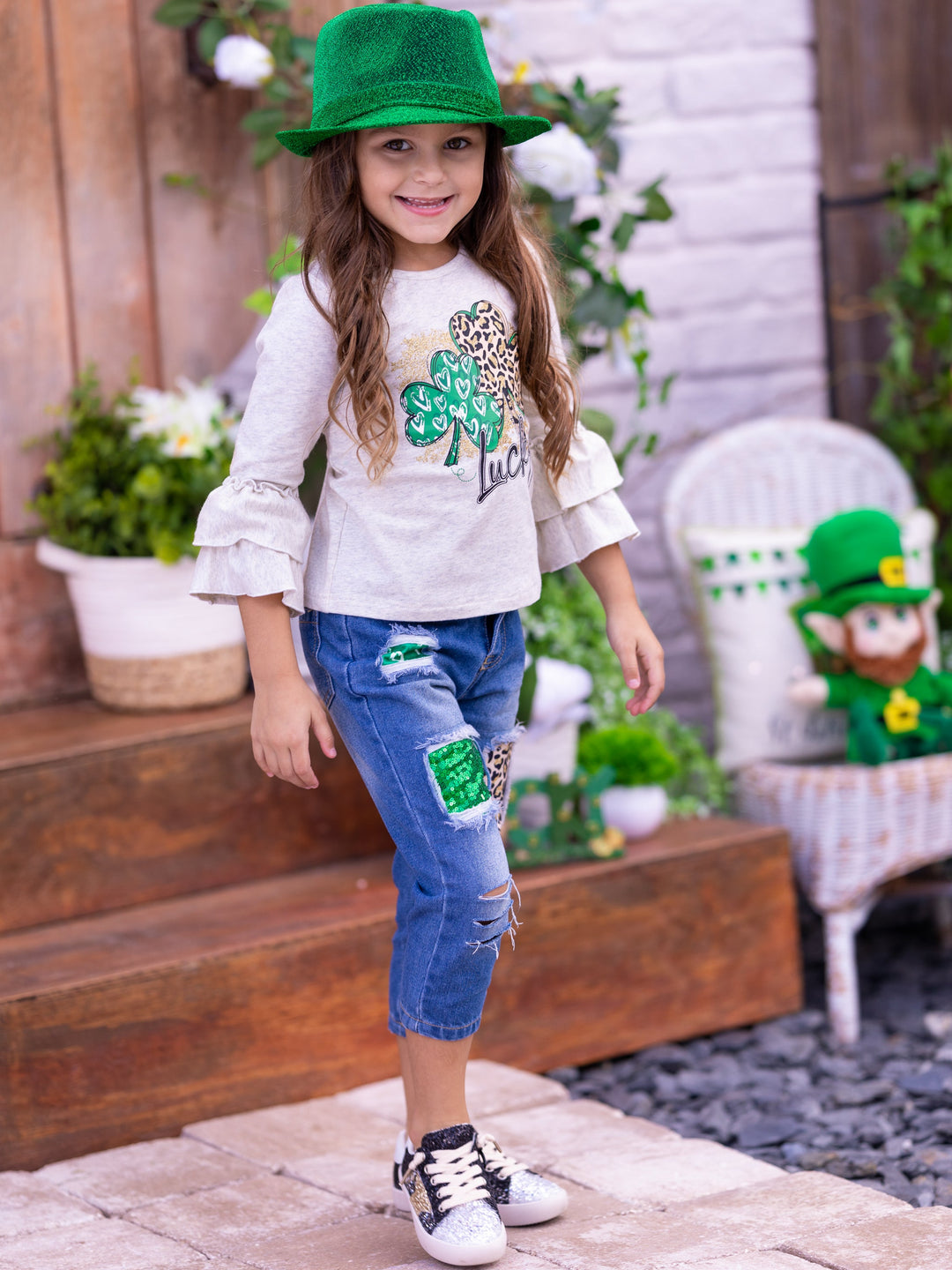 St. Patrick's Day Clothes | Girls Lucky Clover Top & Patched Jeans Set