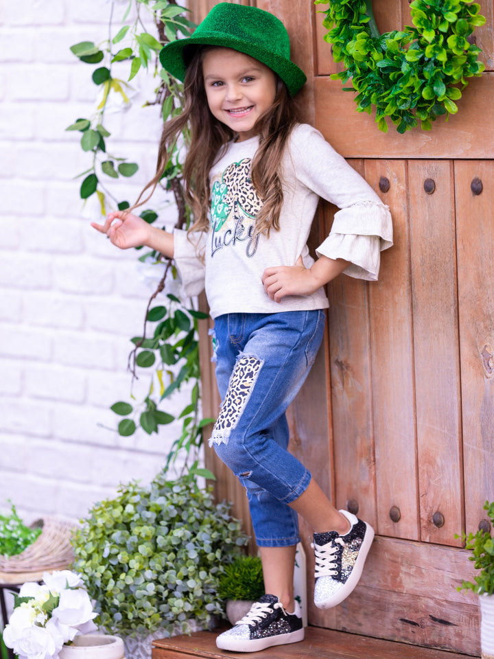 St. Patrick's Day Clothes | Girls Lucky Clover Top & Patched Jeans Set