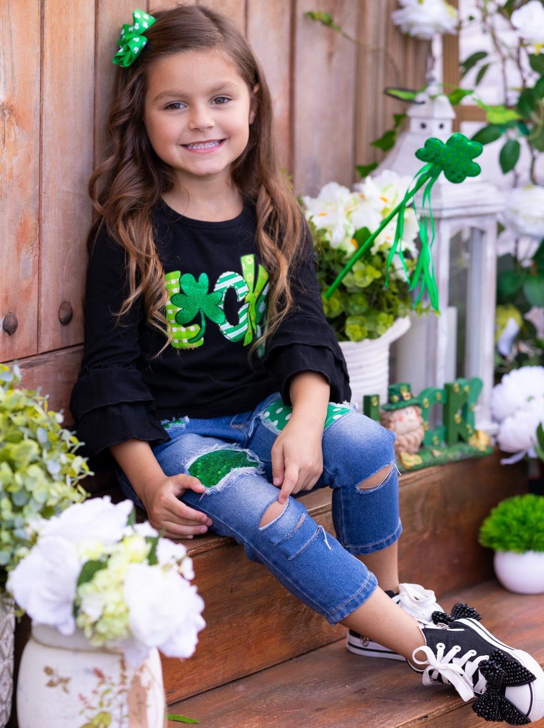 St. Patrick's Day Clothing | Girls Lucky Top and Patched Jeans Set