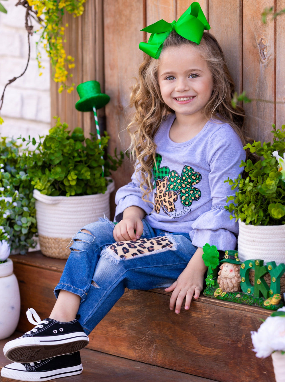 St. Patrick's Day Clothes | Mixed Print Clover Top & Patched Jeans Set