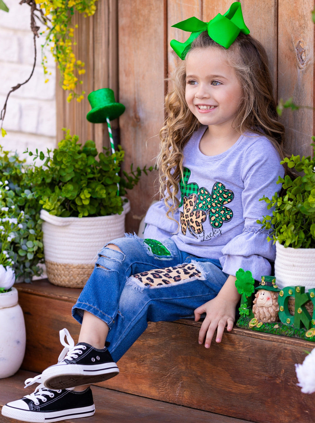 St. Patrick's Day Clothes | Mixed Print Clover Top & Patched Jeans Set