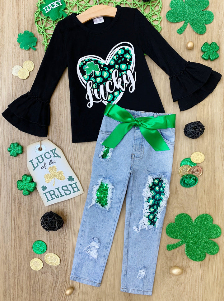 St. Patrick's Day Clothes | Lucky Bell-Sleeved Top & Patched Jeans Set