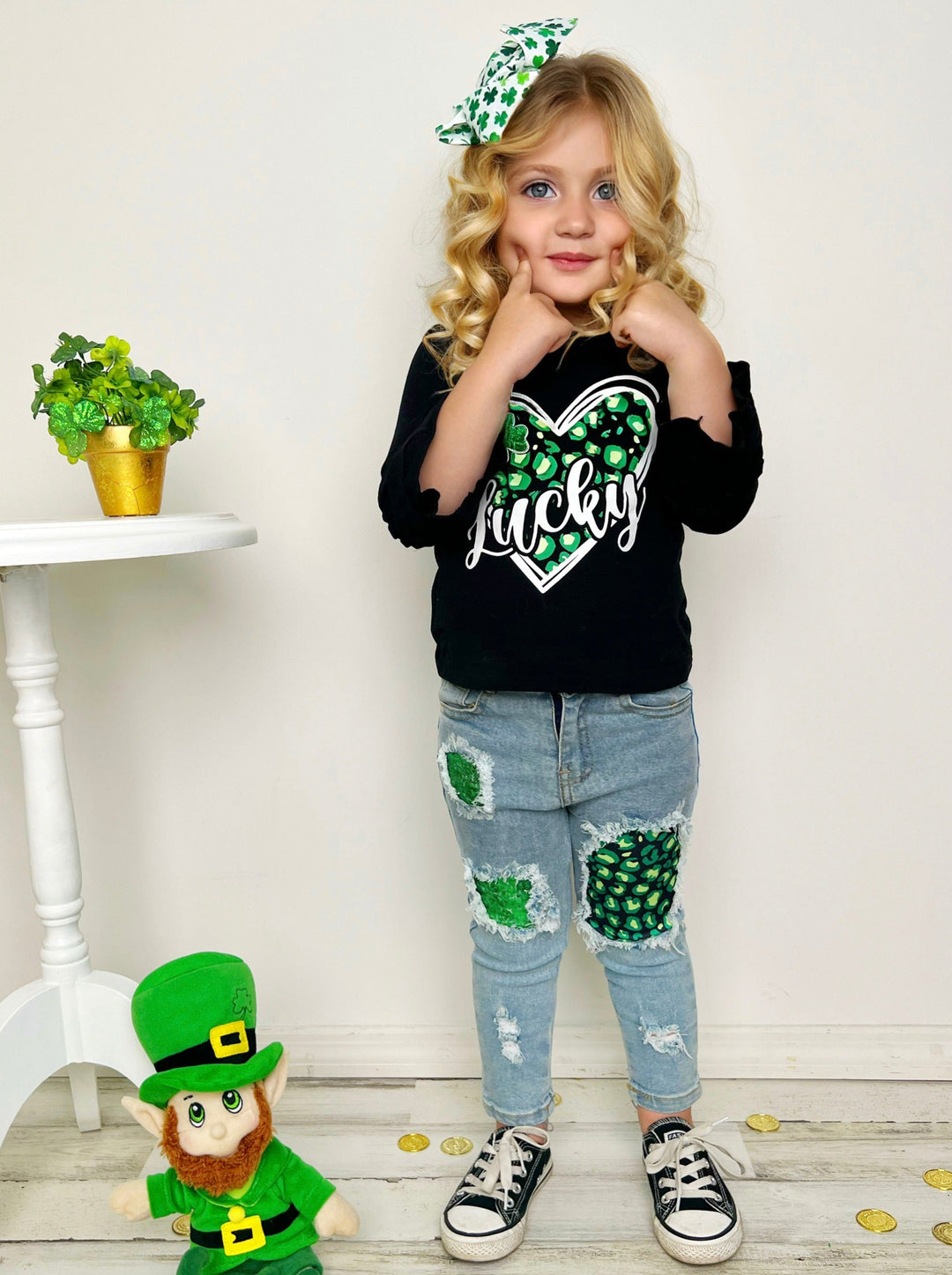 St. Patrick's Day Clothes | Lucky Bell-Sleeved Top & Patched Jeans Set