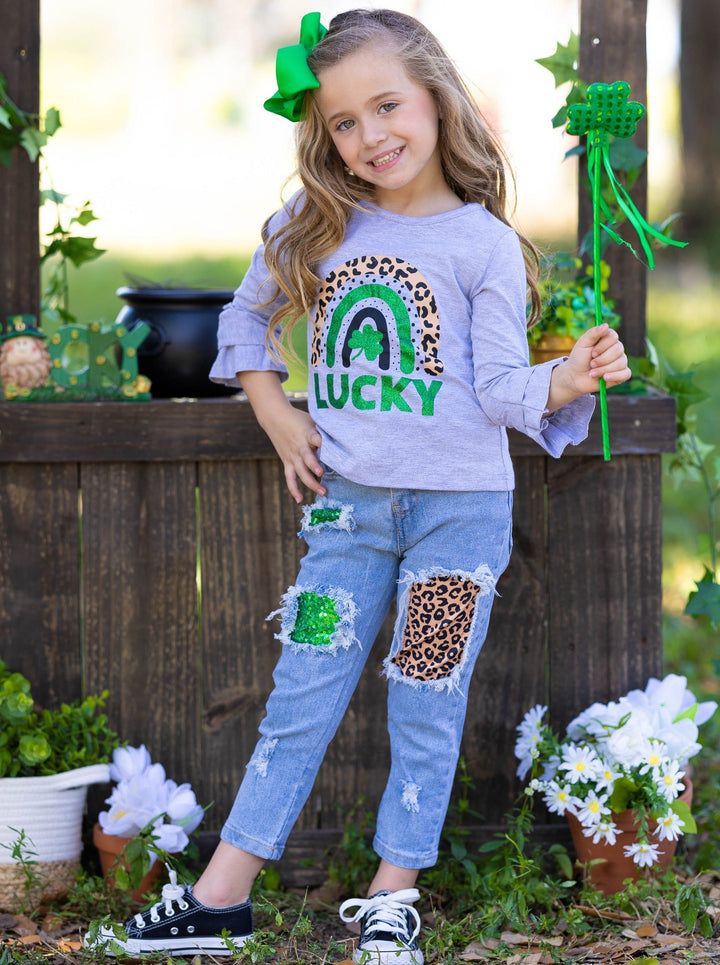 St. Patrick's Day Clothes | Girls Lucky Top & Patched Jeans Set