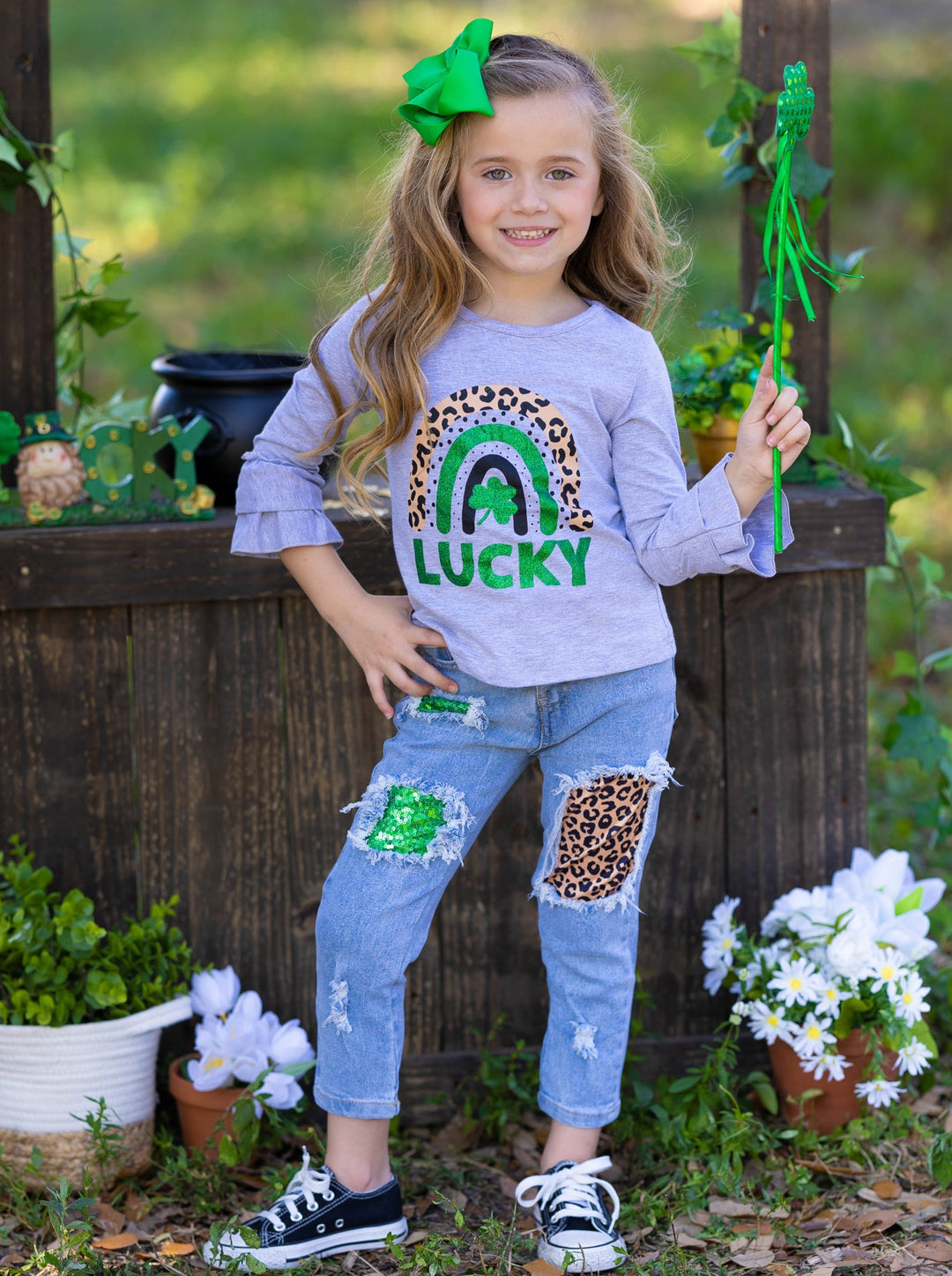 St. Patrick's Day Clothes | Girls Lucky Top & Patched Jeans Set