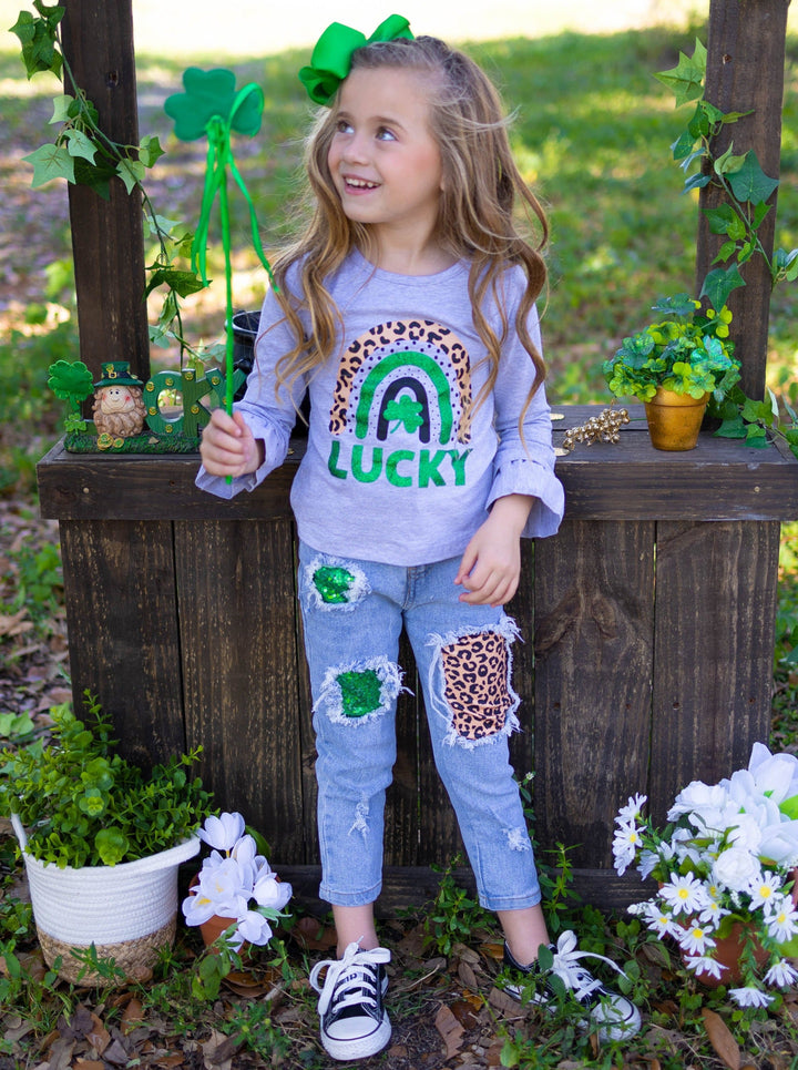 St. Patrick's Day Clothes | Girls Lucky Top & Patched Jeans Set