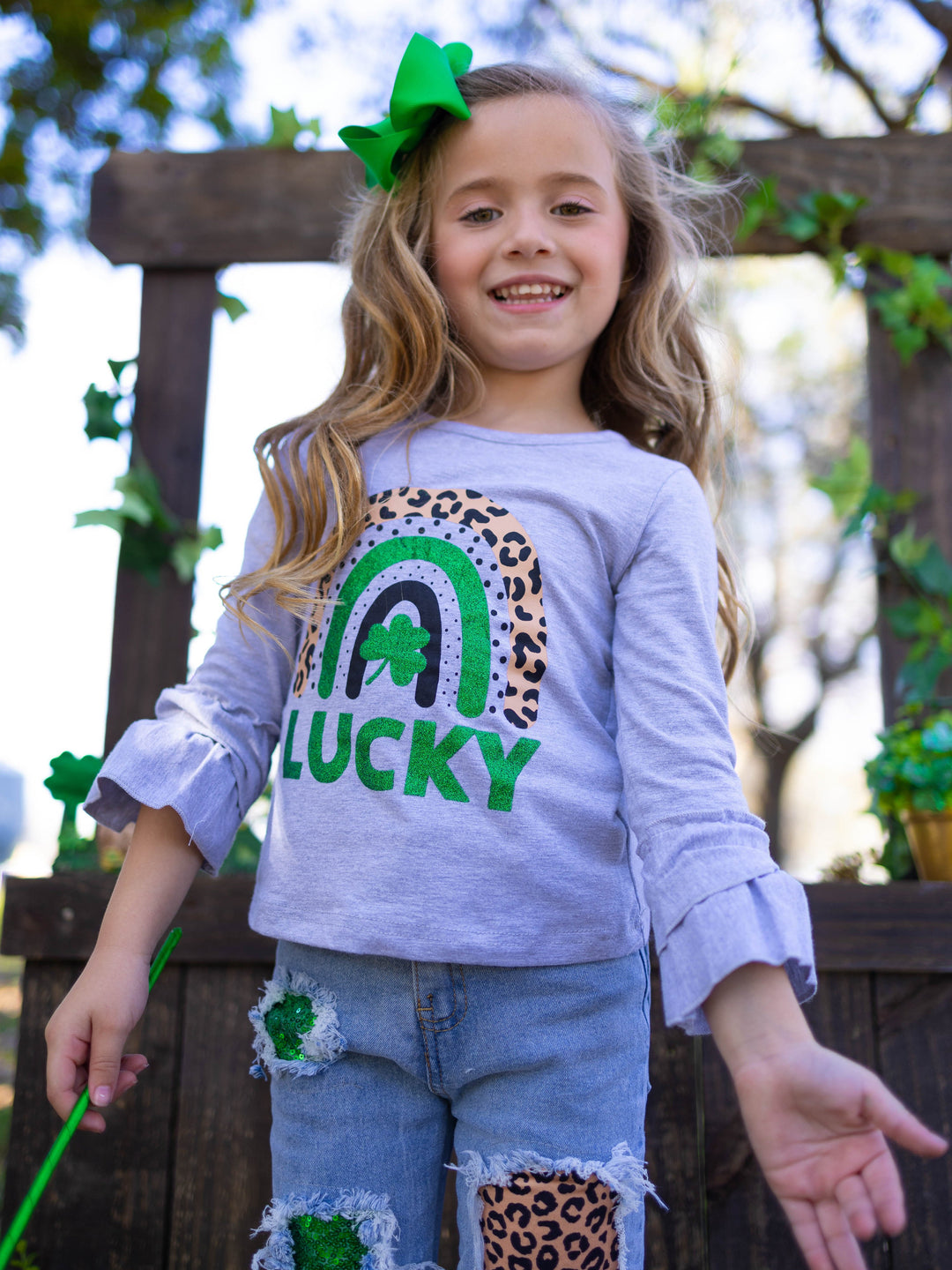 St. Patrick's Day Clothes | Girls Lucky Top & Patched Jeans Set