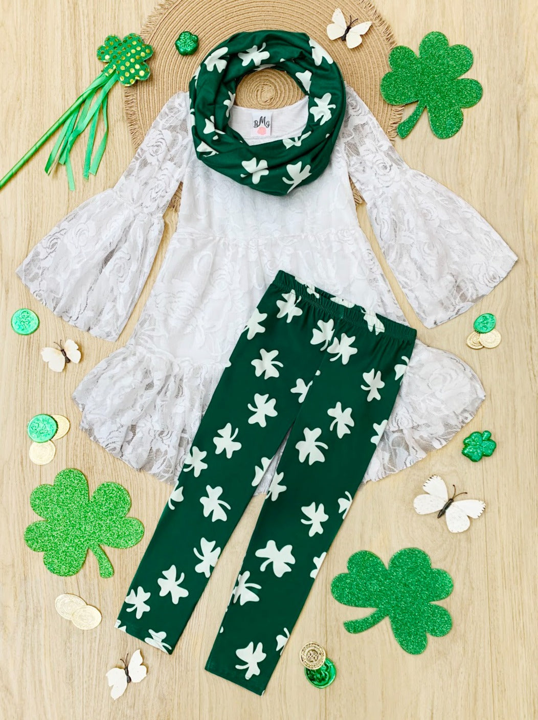 Mia Belle Girls St. Patrick's Lace Tunic Legging  And Scarf Set