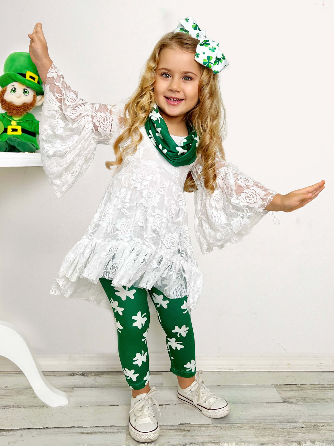 Mia Belle Girls St. Patrick's Lace Tunic Legging  And Scarf Set