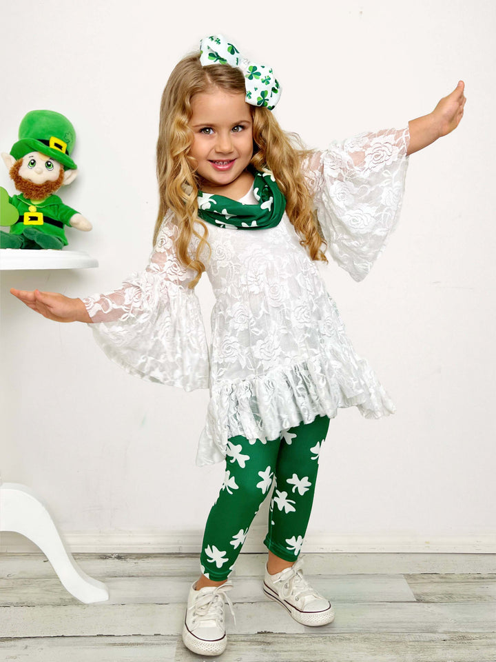 Mia Belle Girls St. Patrick's Lace Tunic Legging  And Scarf Set