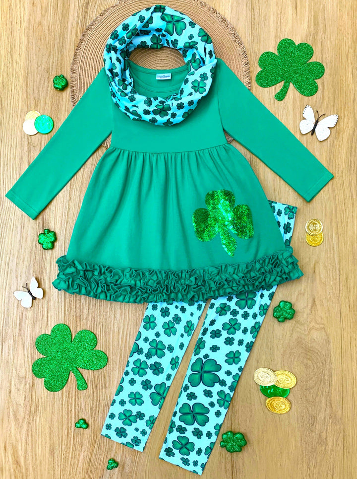 Mia Belle Girls Ruffle Tunic 3 Piece Set | Girls St. Patrick's Day Set