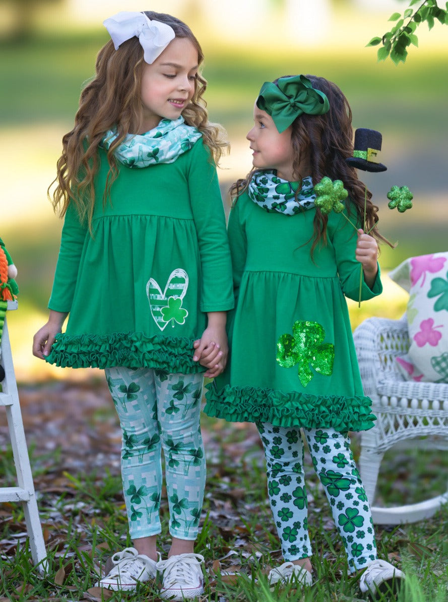 Mia Belle Girls Ruffle Tunic 3 Piece Set | Girls St. Patrick's Day Set