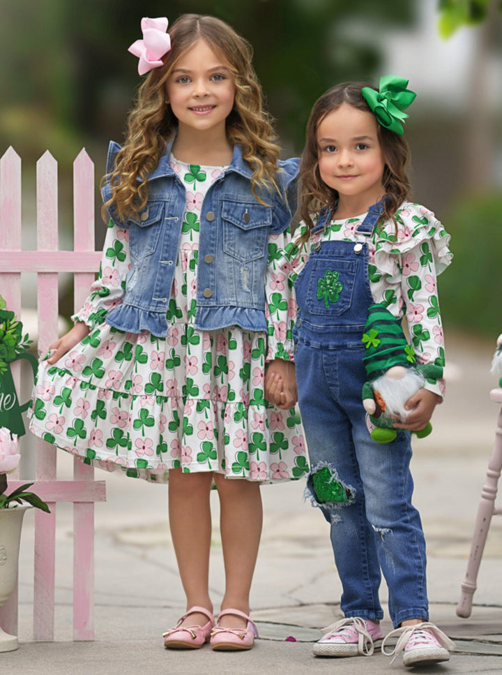 Mia Belle Girls Clover Denim Overall Set | Girls St. Paddy's Day Sets