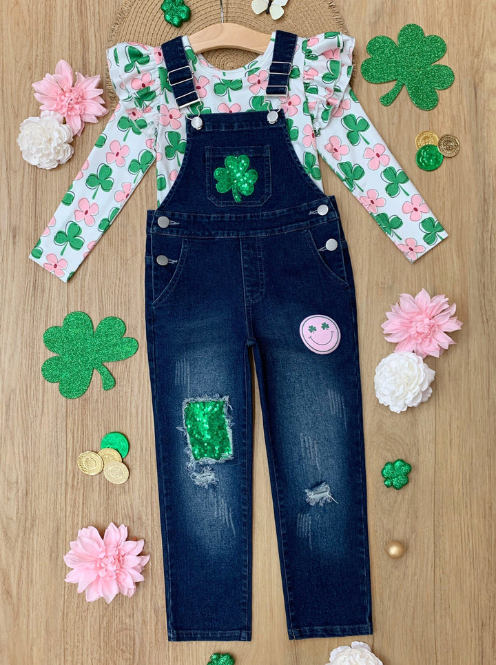 Mia Belle Girls Clover Denim Overall Set | Girls St. Paddy's Day Sets