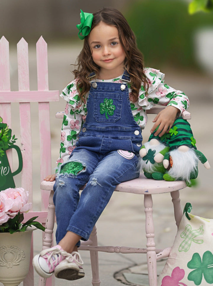 Mia Belle Girls Clover Denim Overall Set | Girls St. Paddy's Day Sets