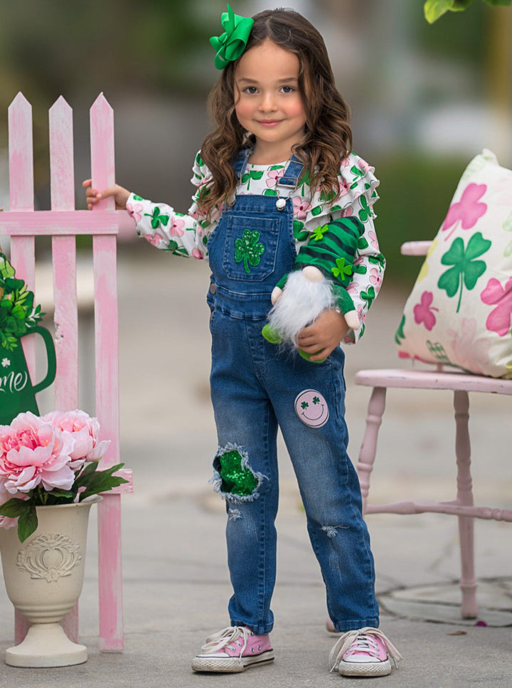 Mia Belle Girls Clover Denim Overall Set | Girls St. Paddy's Day Sets