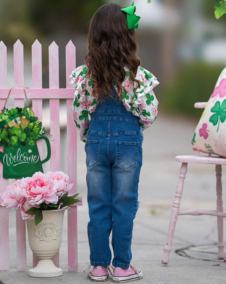 Mia Belle Girls Clover Denim Overall Set | Girls St. Paddy's Day Sets