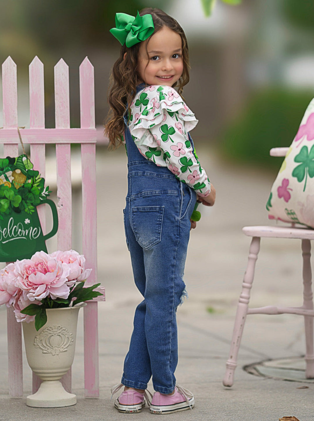 Mia Belle Girls Clover Denim Overall Set | Girls St. Paddy's Day Sets